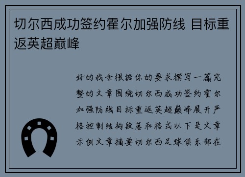 切尔西成功签约霍尔加强防线 目标重返英超巅峰