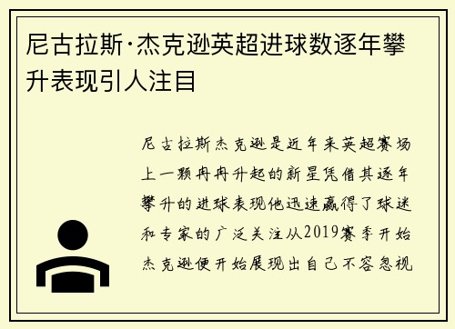 尼古拉斯·杰克逊英超进球数逐年攀升表现引人注目