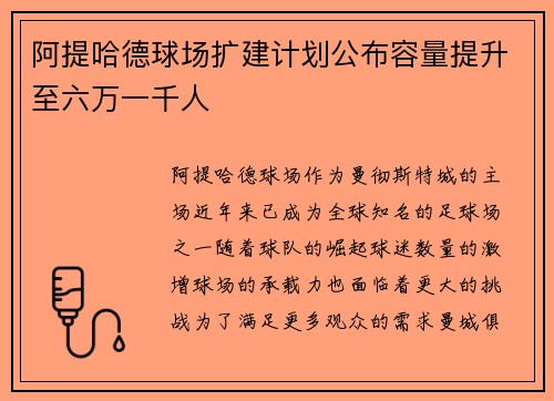 阿提哈德球场扩建计划公布容量提升至六万一千人